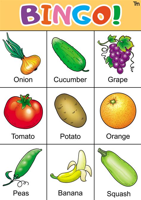 Fruits and Vegetables Bingo Game .